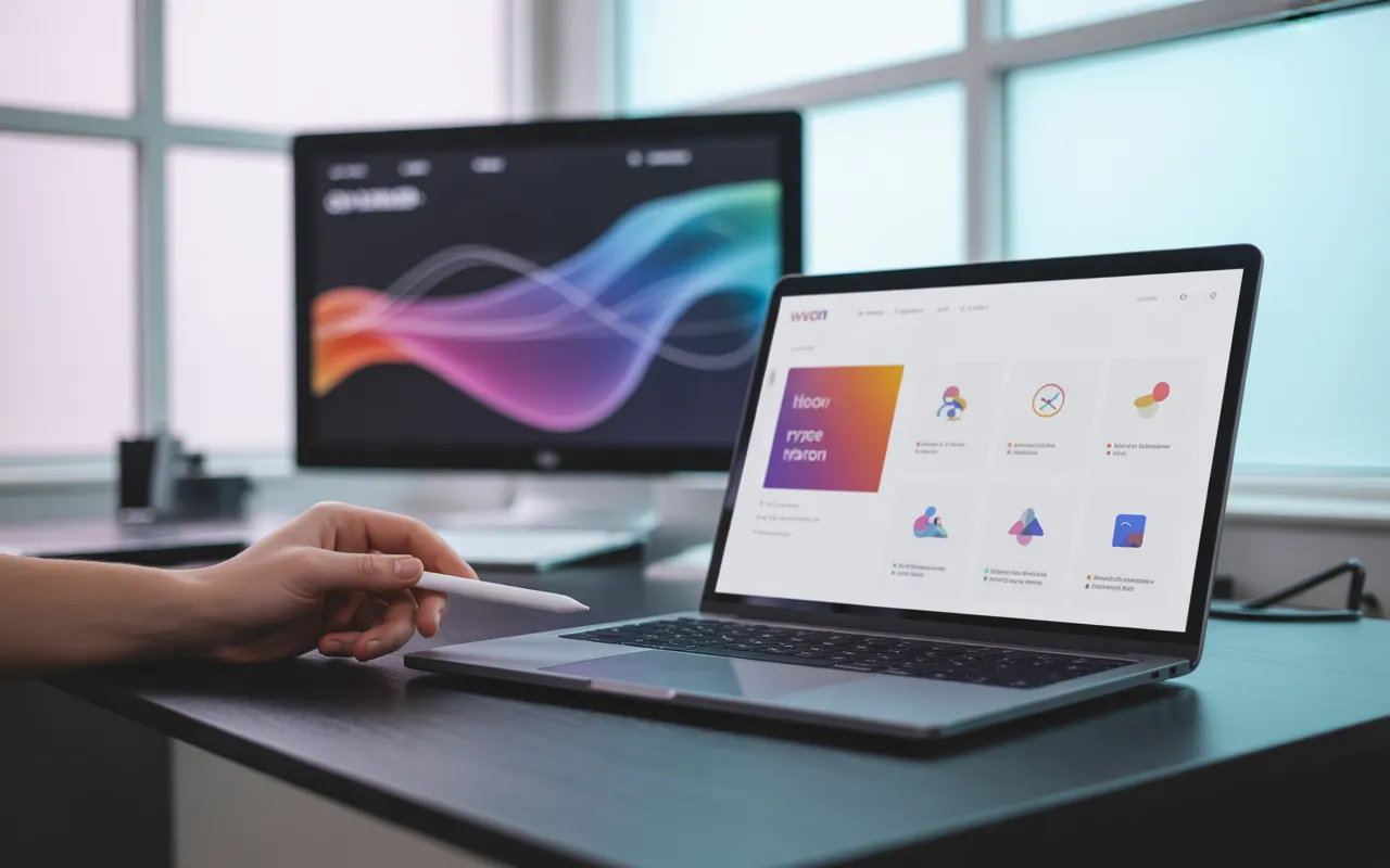 Bureau moderne d’une société création site web, avec un ordinateur portable dernier cri affichant des maquettes colorées de pages et d’offres sans aucun texte, main de designer tenant un stylet, second écran flou avec graphiques de performances, open space lumineux et professionnel en arrière-plan, style ultra photo-réaliste.