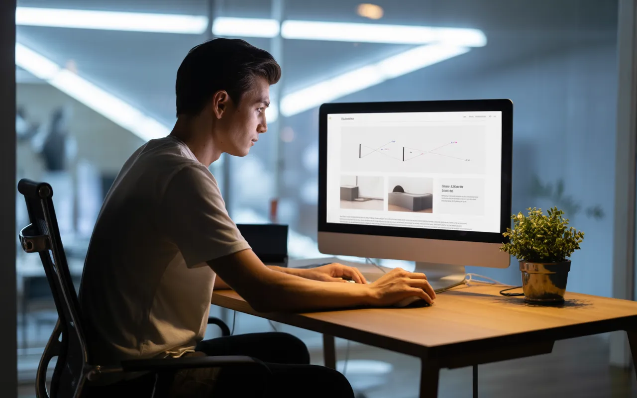 Designer web travaillant dans un bureau moderne sur un site institutionnel affiché sur deux écrans, interface épurée avec graphiques de performance.