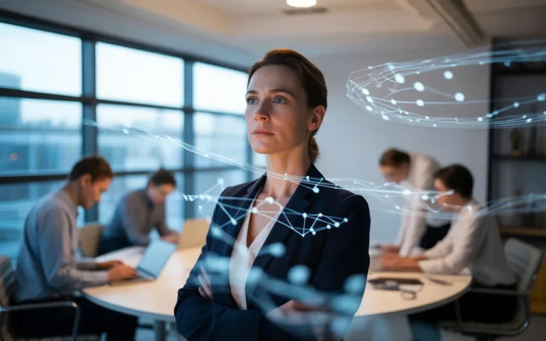 Cadre dirigeant dans un open space moderne observant une interface holographique de données, collaborateurs en arrière-plan, symbolisant la transformation digitale entreprise dans un environnement corporate high-tech et lumineux.