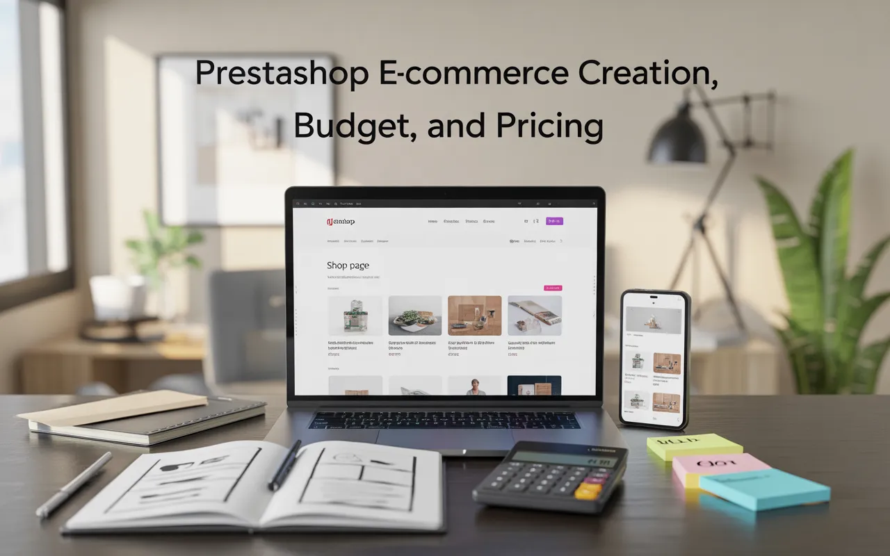 Vignette photo-réaliste d’un bureau moderne avec laptop affichant une boutique en ligne, carnets, calculatrice et smartphone évoquant la création site Prestashop, budget et prix.