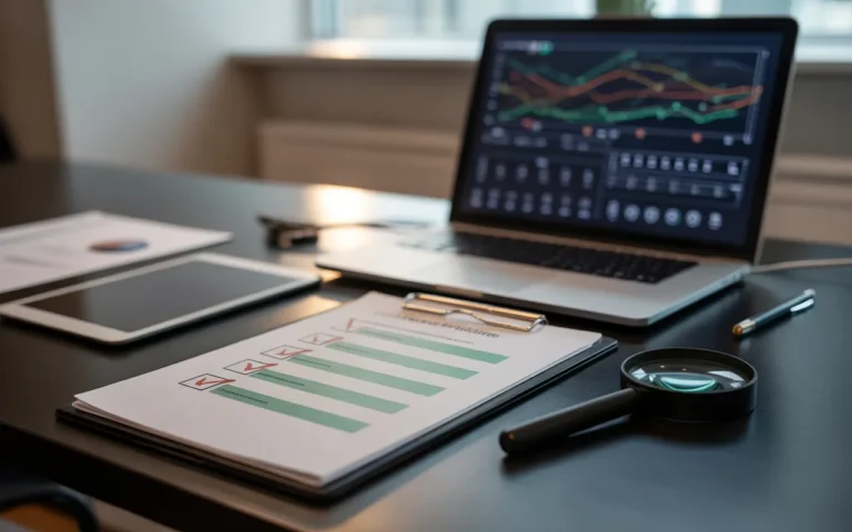 Photo réaliste d’un bureau moderne avec ordinateur affichant un dashboard d’audit site web seo, checklist cochée, loupe et stylo, ambiance pro en 2025.