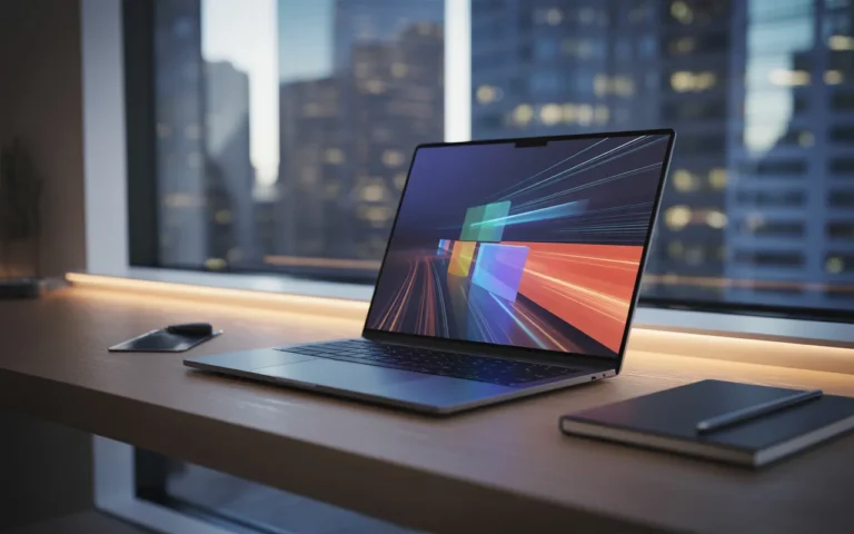 Bureau contemporain avec ordinateur portable ouvert affichant des graphiques abstraits évoquant la vitesse site internet et le SEO, éclairage bleu-cyan et orangé, profondeur de champ marquée et vue nocturne d’une ville en arrière-plan flou.