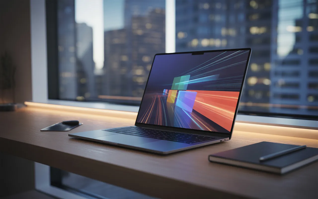 Bureau contemporain avec ordinateur portable ouvert affichant des graphiques abstraits évoquant la vitesse site internet et le SEO, éclairage bleu-cyan et orangé, profondeur de champ marquée et vue nocturne d’une ville en arrière-plan flou.