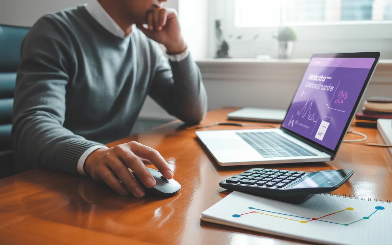 Entrepreneur moderne vu de dos à son bureau, calculant un devis site internet sur ordinateur portable affichant une maquette de site web, avec calculatrice, carnet, café et bureau lumineux photo-réaliste.