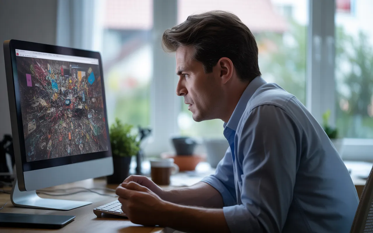 Utilisateur frustré assis à un bureau moderne devant un écran d’ordinateur affichant un site chaotique, surchargé d’éléments colorés et désorganisés, illustrant une très mauvaise ergonomie site web dans un open space lumineux au fond légèrement flou.