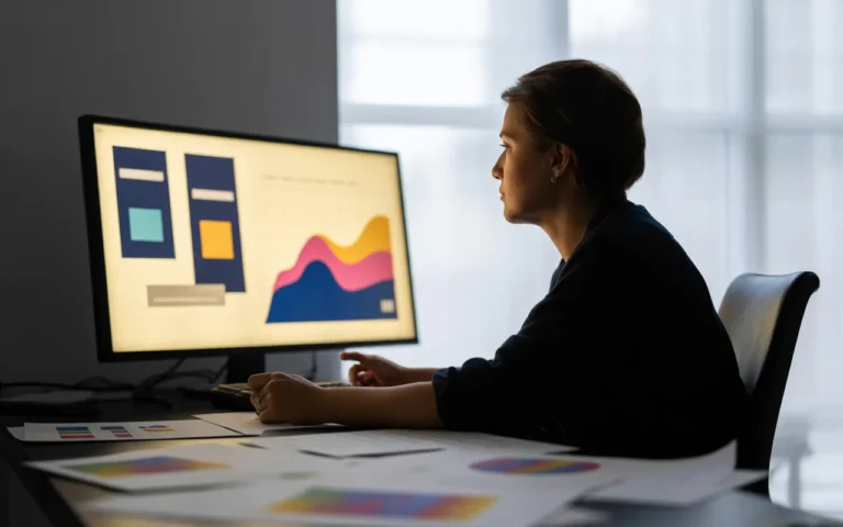 Prestataire site internet travaillant sur la création d’un site et l’analyse de devis et de budget sur écrans et documents, dans un bureau moderne lumineux.