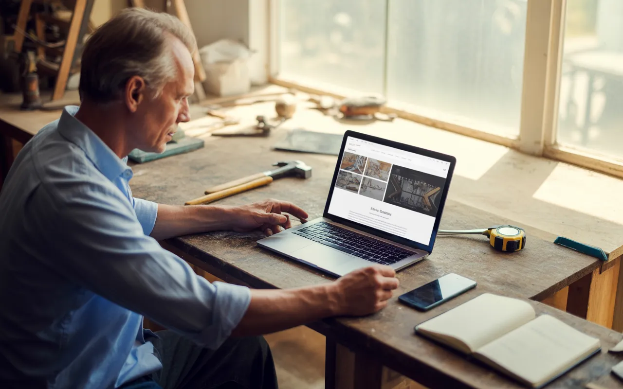 Scène photoréaliste 16:9 montrant un artisan menuisier contemporain dans son atelier, concentré devant un ordinateur portable affichant un site web artisan comparant visuellement bonne mise en page et erreurs, avec outils et carnet posés sur l’établi en bois.