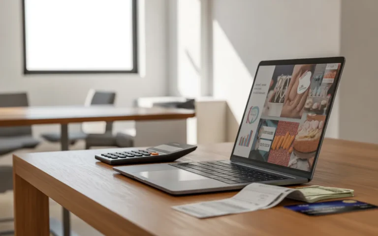 Bureau moderne dédié à la création site marchand et à la gestion de budget, avec ordinateur affichant interface e‑commerce, calculatrice, reçus floutés, pièces, billets, carte bancaire et arrière‑plan d’open space.