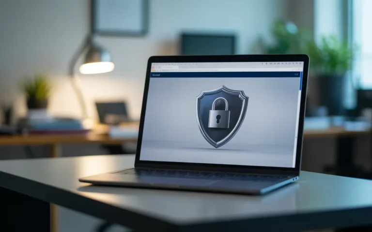 Ordinateur portable moderne sur bureau minimaliste affichant un site web professionnel avec un grand bouclier métallique et cadenas symbolisant la sécurité site internet, éclairage bleu nocturne, arrière-plan de bureau flou sans aucun texte.