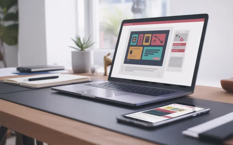 Bureau contemporain épuré avec ordinateur portable haut de gamme affichant l’interface d’un site internet sur mesure en cours de conception, tablette graphique et smartphone montrant un design responsive, le tout éclairé par une lumière naturelle douce dans un open space moderne.