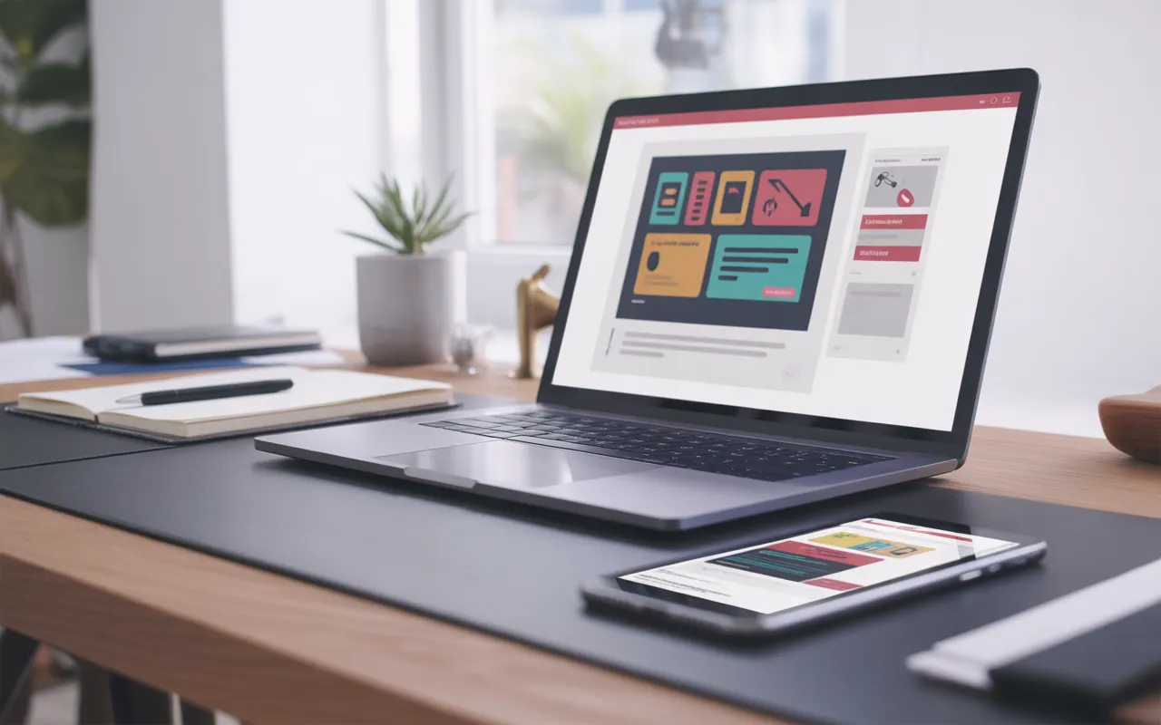 Bureau contemporain épuré avec ordinateur portable haut de gamme affichant l’interface d’un site internet sur mesure en cours de conception, tablette graphique et smartphone montrant un design responsive, le tout éclairé par une lumière naturelle douce dans un open space moderne.