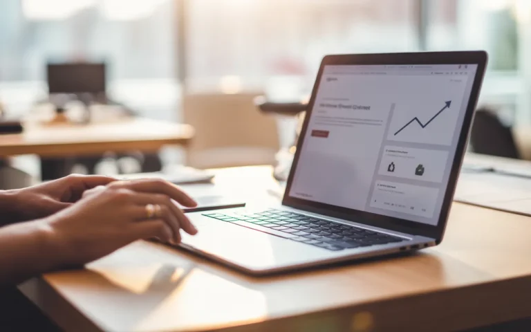 Bureau moderne avec ordinateur portable affichant la refonte d’un site web et des graphiques en hausse, illustrant comment refaire site internet pour augmenter trafic et ventes.