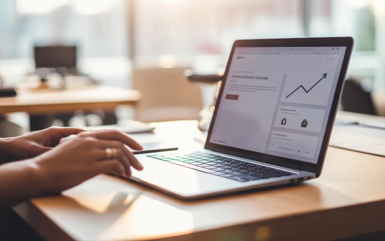 Bureau moderne avec ordinateur portable affichant la refonte d’un site web et des graphiques en hausse, illustrant comment refaire site internet pour augmenter trafic et ventes.