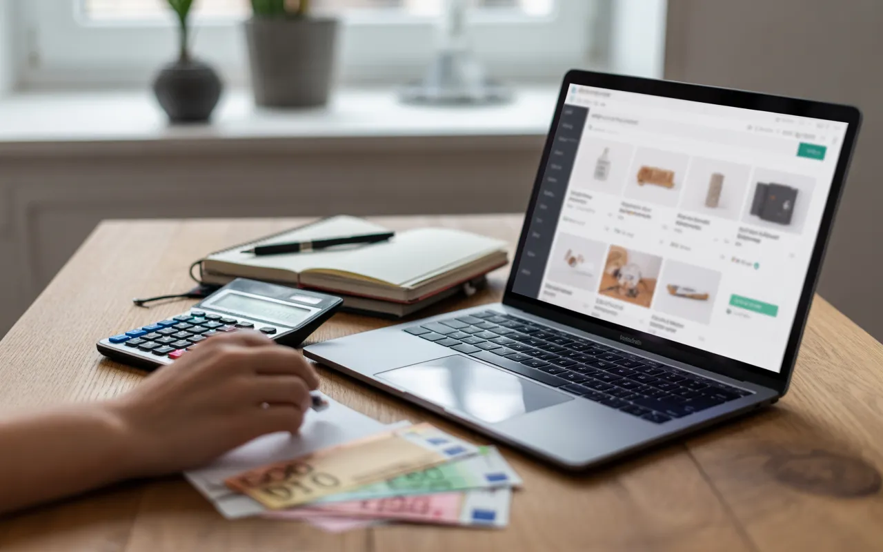Bureau moderne en home office avec ordinateur portable affichant un tableau de bord e‑commerce flou, calculatrice, carnet, reçus et argent en euros sur un bureau en bois clair, mains d’entrepreneur en action, illustrant la création site shopify et la gestion du budget en ligne.