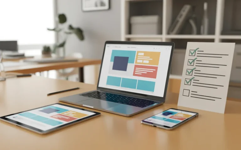Vignette photo-réaliste d’un bureau moderne montrant un ordinateur portable, une tablette et un smartphone affichant la même maquette de site web responsive design sur plusieurs écrans, avec une check-list partiellement cochée au premier plan et un arrière-plan de workspace contemporain légèrement flou.