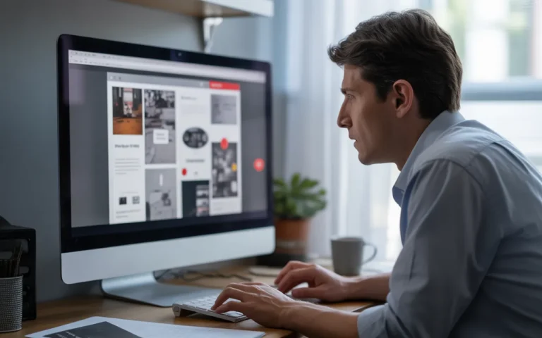 Vignette photo-réaliste montrant un designer inquiet devant un écran d’ordinateur affichant un vieux site web cassé, désordonné et rempli d’icônes d’alerte, illustrant la nécessité de refaire site internet dans un bureau moderne aux tons froids.