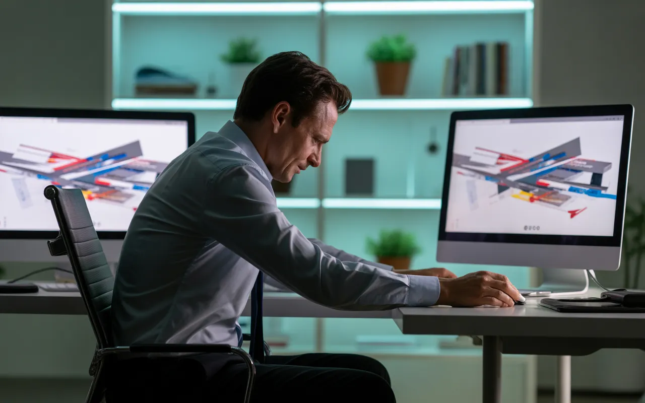 Photo ultra réaliste d’un entrepreneur inquiet dans un bureau moderne, frustré par les maquettes ratées créées par un prestataire site internet sur plusieurs écrans.