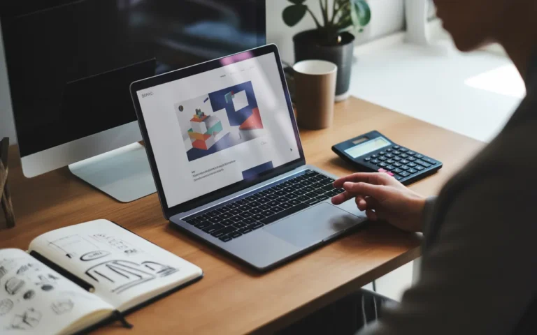 Scène de bureau moderne illustrant le calcul d’un tarif création site web, avec un ordinateur portable affichant une maquette de site abstraite, une calculatrice et un carnet de croquis sur un bureau en bois clair, dans une ambiance lumineuse et professionnelle.