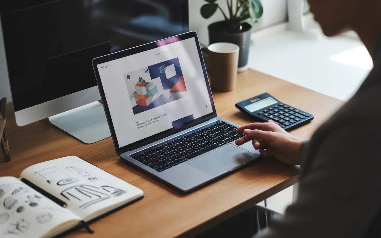Scène de bureau moderne illustrant le calcul d’un tarif création site web, avec un ordinateur portable affichant une maquette de site abstraite, une calculatrice et un carnet de croquis sur un bureau en bois clair, dans une ambiance lumineuse et professionnelle.