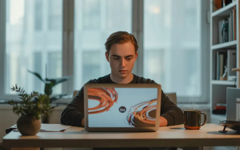 Jeune entrepreneur concentré devant un ordinateur portable affichant un tableau de bord e‑commerce avec alertes et paniers abandonnés, dans un bureau moderne lumineux, illustrant les défis de la création site marchand en ligne.