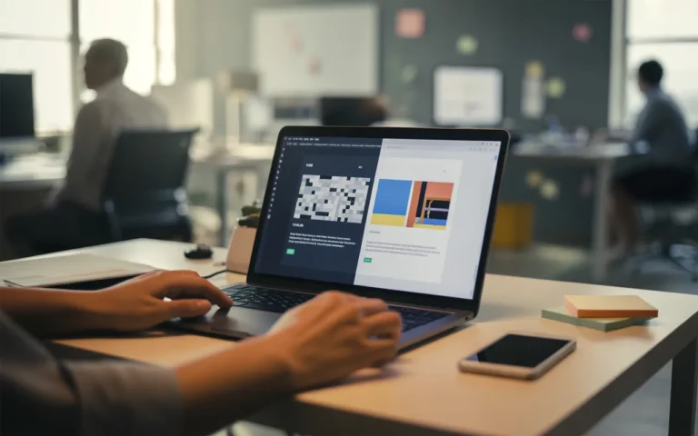 Bureau de designer web moderne avec ordinateur portable affichant avant/après de refonte site internet, ancienne interface chargée à gauche et nouveau design épuré à droite, mains sur le clavier, carnet de wireframes, smartphone et post-it colorés, dans un open space lumineux avec plantes en arrière-plan flou.