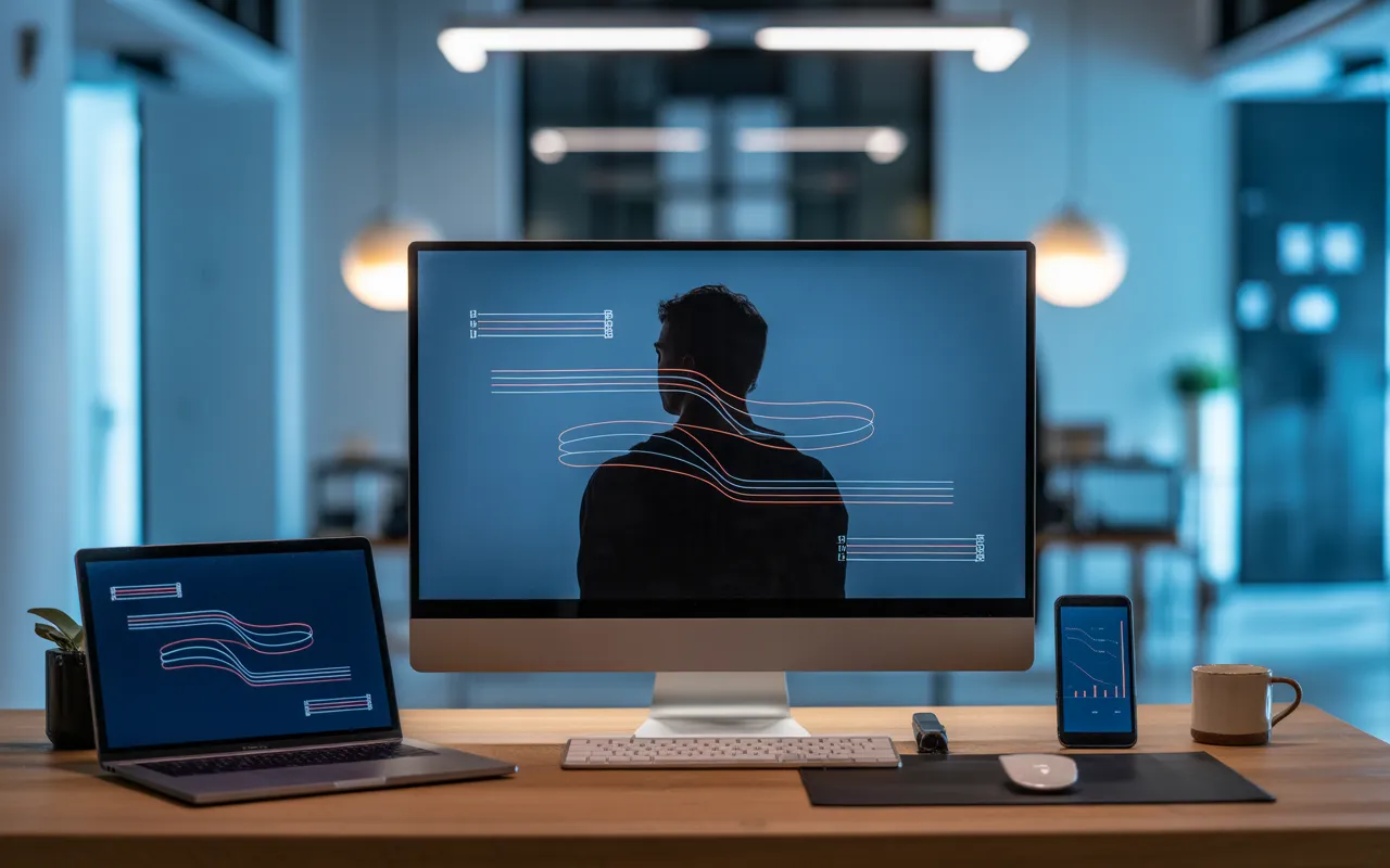 Vignette photo-réaliste 16:9 montrant un bureau moderne de nuit, avec une personne de dos devant plusieurs écrans affichant des tableaux de bord d’analytics et de performance site web, graphes colorés et effets de lumière bleu-vert évoquant la vitesse de chargement et l’optimisation SEO, arrière-plan d’open space légèrement flou.