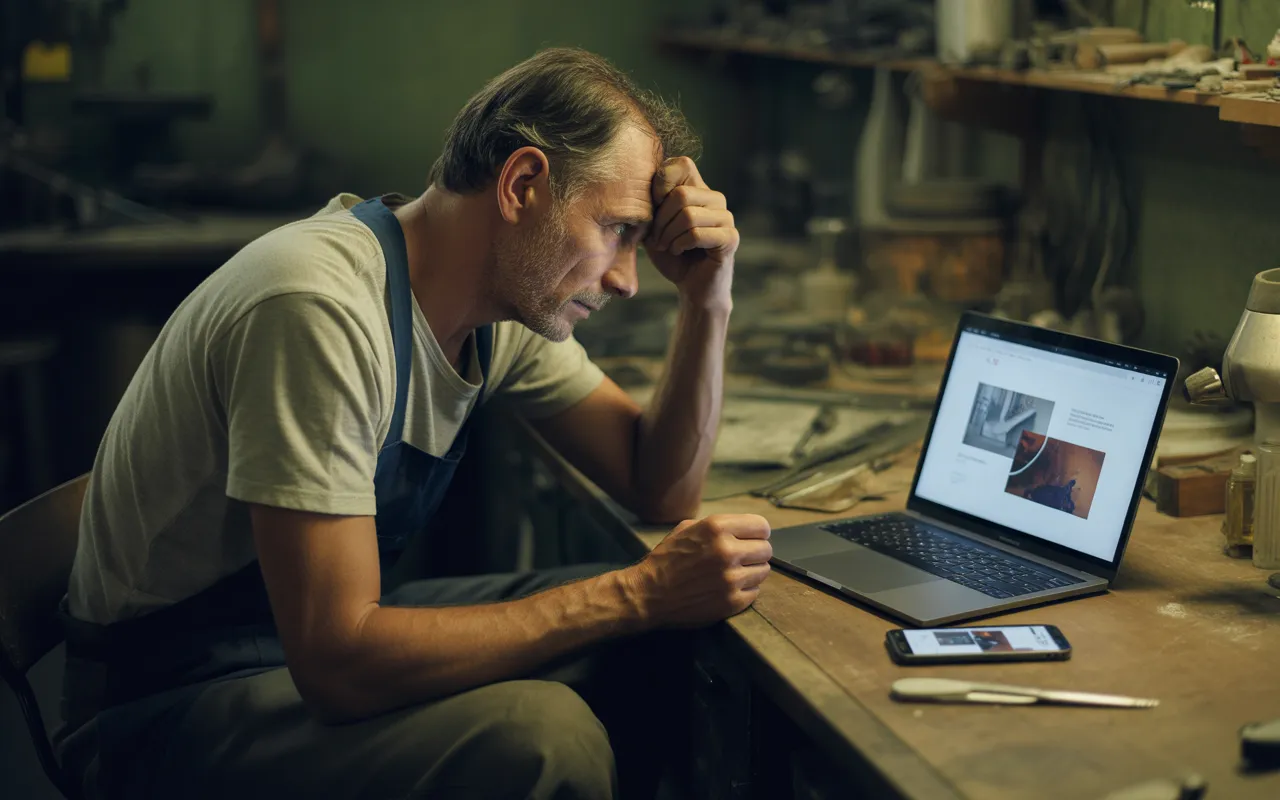 Artisan inquiet dans son atelier devant un ordinateur montrant un site internet artisan mal conçu, avec outils de travail autour et écran de smartphone désordonné.
