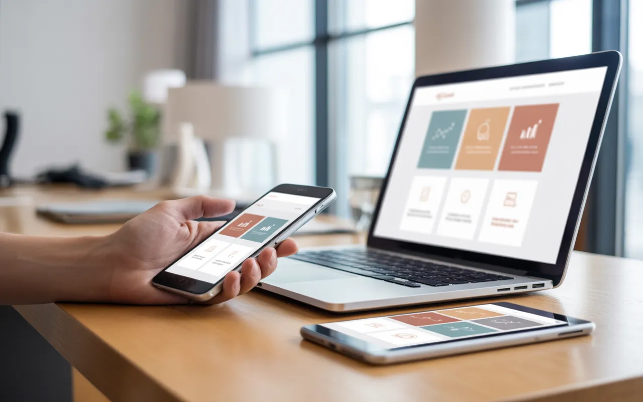 Vignette photo-réaliste d’un bureau moderne montrant un site web responsive design affiché simultanément sur ordinateur portable, tablette et smartphone, avec une main interagissant sur l’écran mobile et un tableau de bord e‑commerce aux graphiques de ventes montants, éclairage naturel doux et arrière-plan d’open space flou.