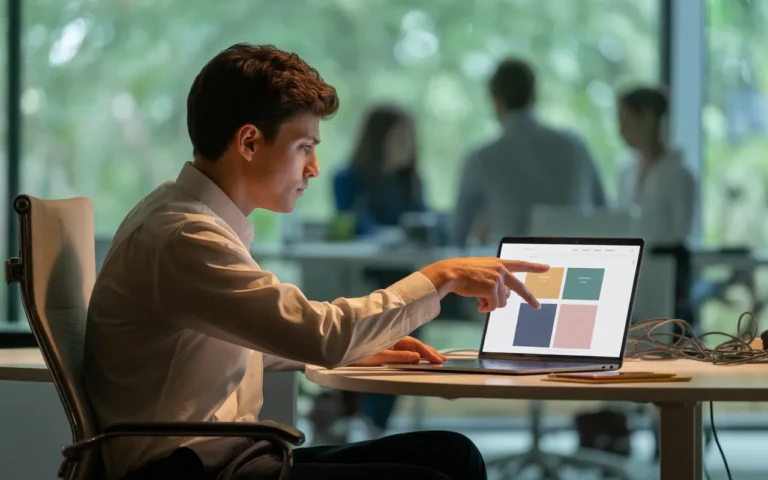 Jeune professionnel analysant l’ergonomie site web sur un ordinateur portable dans un bureau moderne, avec interface UX claire et minimaliste mise au premier plan.