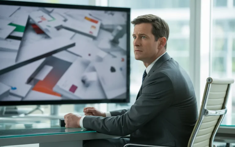 Responsable communication inquiet devant l’écran d’ordinateur affichant la page d’accueil surchargée d’un site institutionnel dans un bureau moderne en 2025.