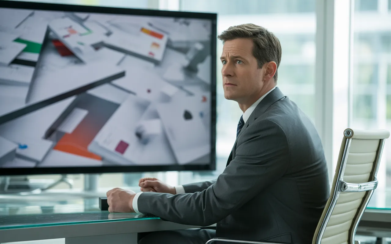 Responsable communication inquiet devant l’écran d’ordinateur affichant la page d’accueil surchargée d’un site institutionnel dans un bureau moderne en 2025.