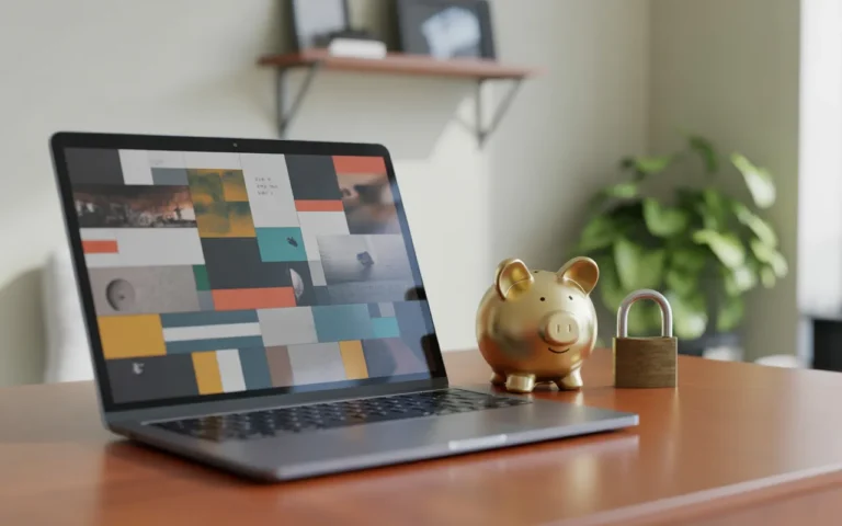 Miniature photo-réaliste montrant un ordinateur portable, une tirelire et un cadenas sur un bureau lumineux, illustrant le coût site internet sécurisé et abordable pour les petites entreprises.