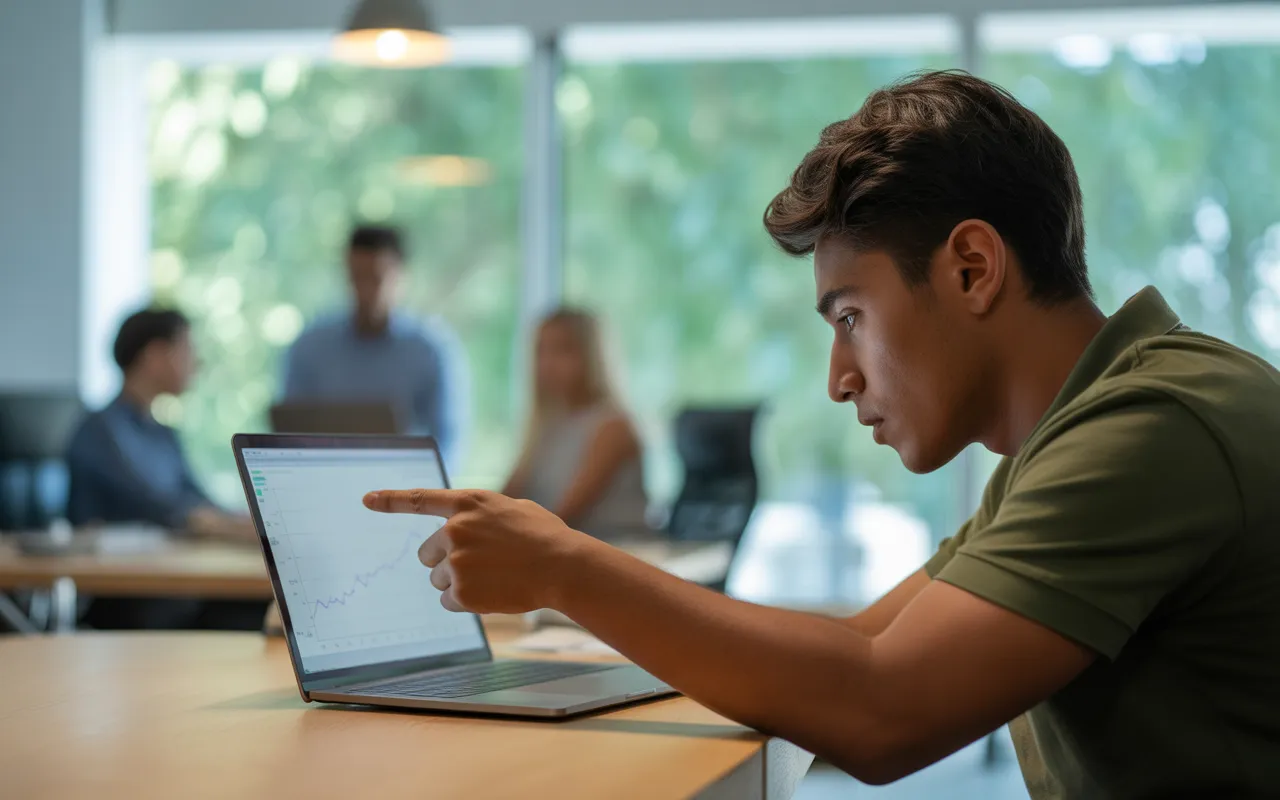 Jeunes entrepreneurs dans un bureau moderne analysant sur un ordinateur portable les performances SEO d’un site web startup, écran avec interface et graphiques colorés.