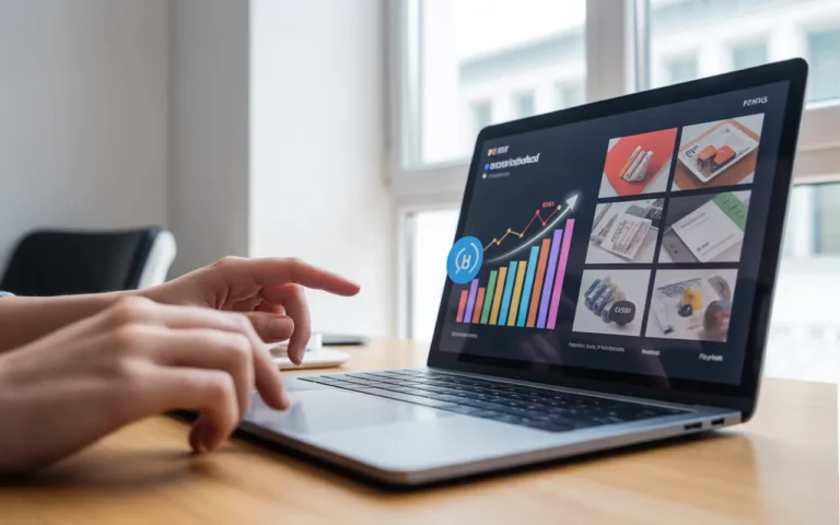 Bureau moderne en 2025 avec ordinateur portable affichant un tableau de bord e‑commerce et analytics SEO, mains en train de configurer une boutique en ligne, illustrant la création site prestashop.