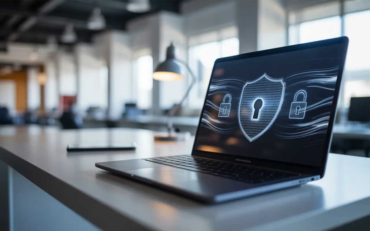 Vignette photo-réaliste d’un ordinateur portable moderne sur un bureau high-tech sombre, affichant une interface de cybersécurité avec bouclier lumineux et cadenas holographiques, illustrant la sécurité site internet et la protection des données en environnement professionnel.