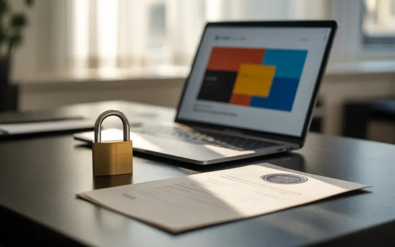 Bureau moderne photo-réaliste avec ordinateur portable affichant une interface floue de site, document officiel tamponné et cadenas métallique symbolisant sécurité, confiance en ligne et mentions légales site web, dans une ambiance lumineuse et professionnelle.