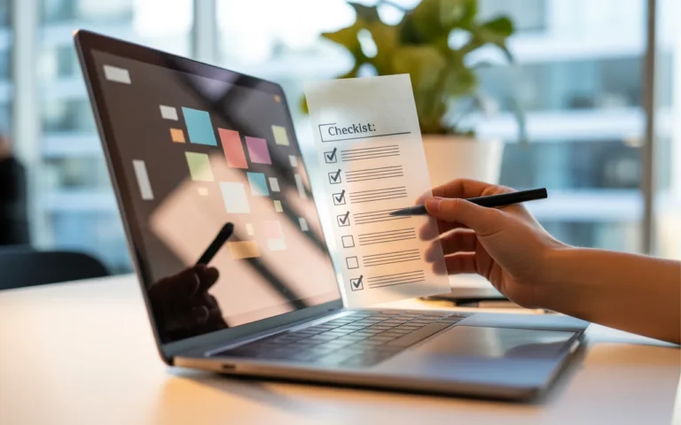 Vignette photo-réaliste d’un bureau moderne montrant un laptop affichant un tableau de bord abstrait et une main cochant une checklist papier, illustrant la maintenance site internet avec des accessoires de travail (café, carnet, lunettes, smartphone) dans une ambiance lumineuse et professionnelle.