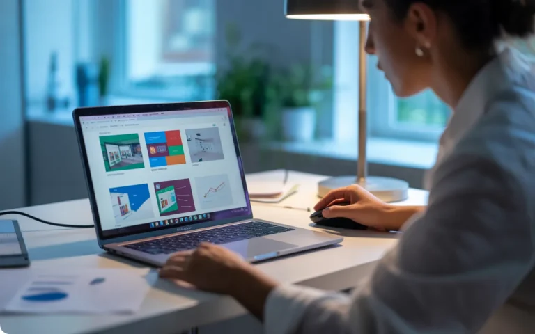 Jeune professionnel comparant plusieurs devis site internet sur l’écran d’un ordinateur portable dans un bureau moderne éclairé naturellement, vue en légère plongée avec profondeur de champ réduite.