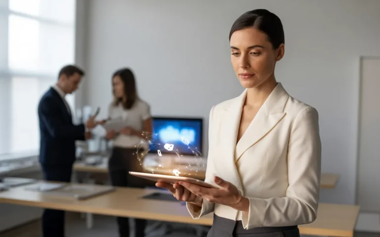 Responsable de PME en tenue business casual tenant une tablette affichant des éléments numériques lumineux symbolisant les étapes de la transformation digitale entreprise, dans un bureau moderne avec collègues en arrière-plan flou, ambiance professionnelle et technologique.