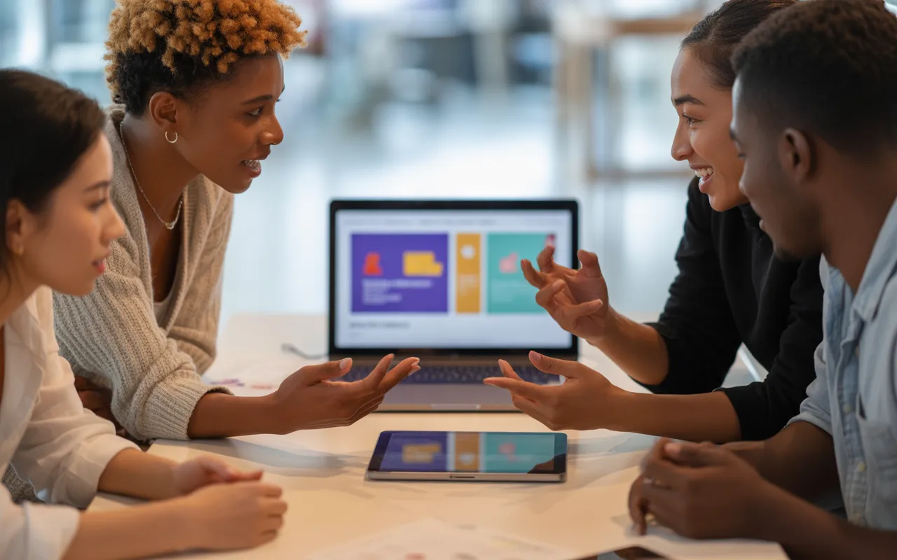Scène de coworking lumineux montrant une équipe diverse collaborant autour d’un ordinateur portable affichant la maquette d’un site web association, posé sur une grande table en bois avec tablette, smartphone et carnet, dans une ambiance moderne et chaleureuse.