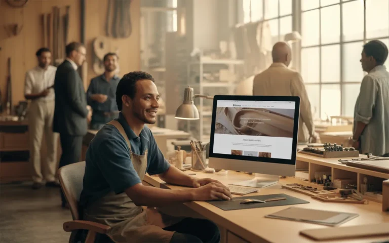 Artisan moderne souriant dans un atelier lumineux, assis à un bureau en bois devant un ordinateur affichant le site web artisan de son activité, avec outils soigneusement rangés au premier plan et clients floutés en arrière-plan discutant avec intérêt.
