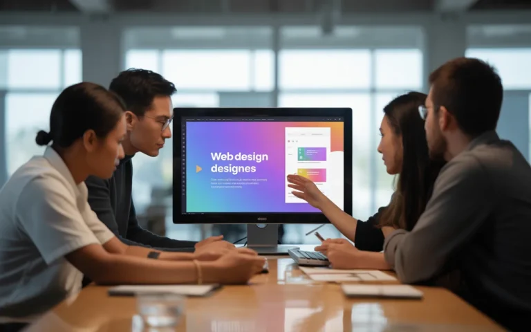 Équipe de société création site web collaborant dans un bureau moderne devant un grand écran affichant une maquette de site internet colorée, ambiance professionnelle et lumineuse.