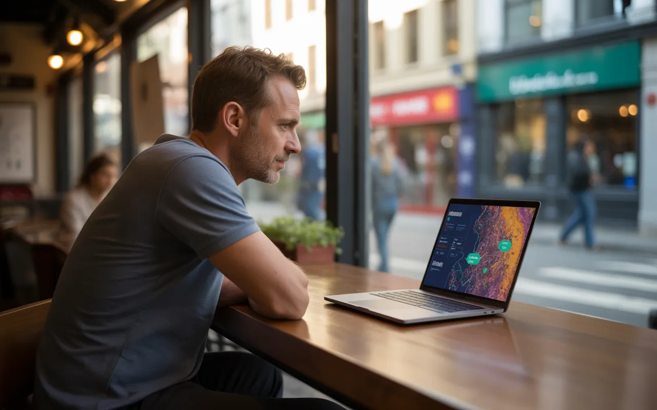 Entrepreneur local dans une petite boutique moderne, assis près de la vitrine et concentré sur son ordinateur portable affichant un site internet sur mesure avec carte stylisée et graphiques de visibilité locale, éclairage naturel chaud en fin d’après-midi, style photo-réaliste.