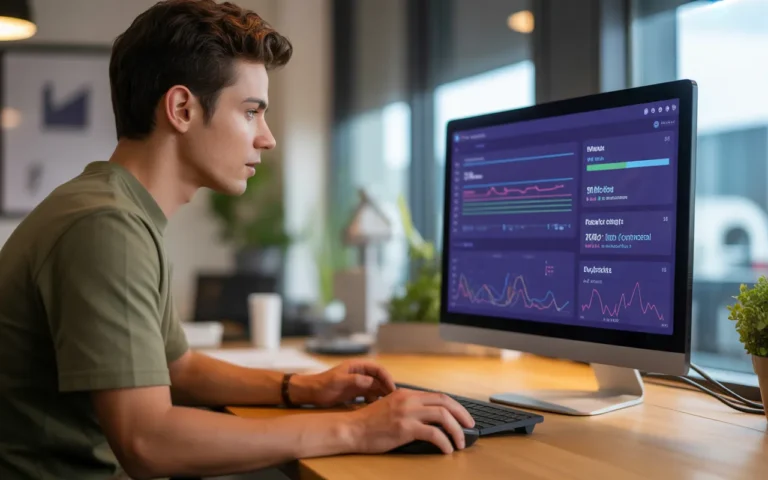 Vignette photo-réaliste montrant un jeune professionnel optimisant un site web marketing sur un double écran avec tableaux de bord analytics, graphiques de trafic et conversions dans un bureau moderne lumineux.