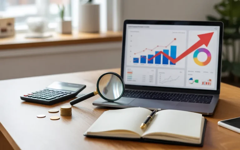 Bureau moderne avec ordinateur affichant des graphiques d’analytics, loupe, calculatrice, pièces et carnet illustrant un audit site web seo, ses tarifs, outils et ROI.