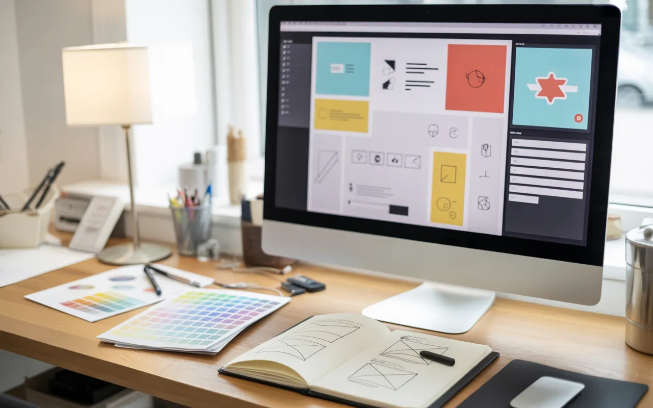 Bureau de designer web moderne en légère plongée avec grand écran affichant une charte graphique site web ultra-réaliste, palettes de couleurs, composants UI abstraits, carnet de wireframes et tablette graphique, lumière naturelle douce.