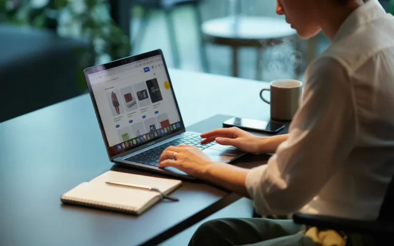 Entrepreneur concentré travaillant sur la création site shopify sur un ordinateur portable posé sur un bureau moderne, interface e‑commerce visible, ambiance lumineuse professionnelle avec accessoires de travail et arrière‑plan flou.