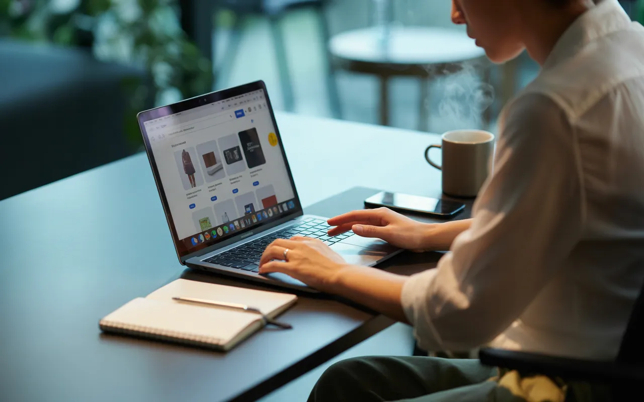 Entrepreneur concentré travaillant sur la création site shopify sur un ordinateur portable posé sur un bureau moderne, interface e‑commerce visible, ambiance lumineuse professionnelle avec accessoires de travail et arrière‑plan flou.