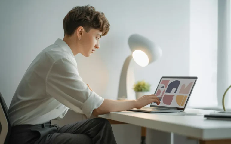 Jeune entrepreneur travaillant sur un ordinateur portable affichant une interface de création de site web clé en main dans un bureau moderne et lumineux au style minimaliste.