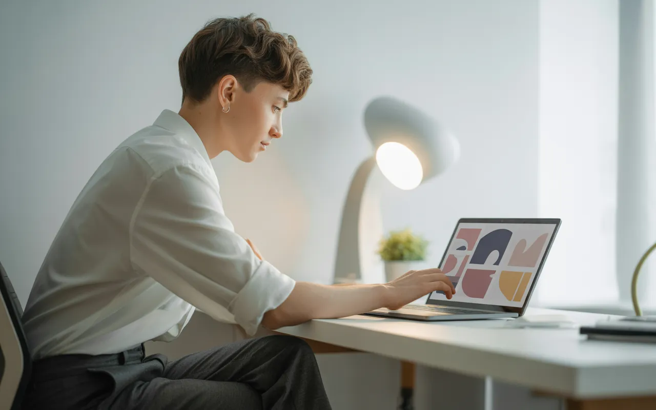 Jeune entrepreneur travaillant sur un ordinateur portable affichant une interface de création de site web clé en main dans un bureau moderne et lumineux au style minimaliste.